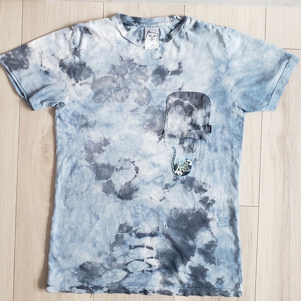 RIPNDIP Lord Nermal Skeleton Cat Shirt Mens S Blue Tie Dye Pocket Tee